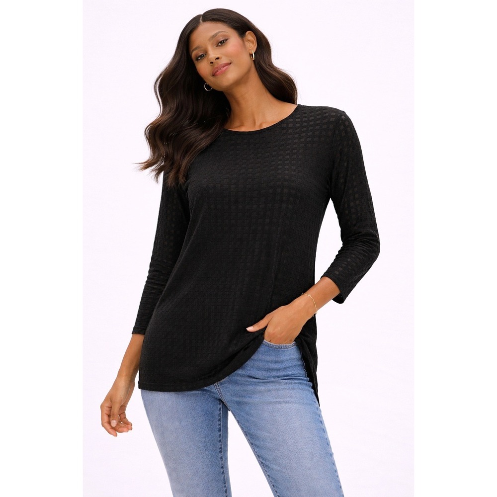 Zara W&B Black Checkerboard Textured Tunic Top 3/4 Sleeve High Low Hem Small
